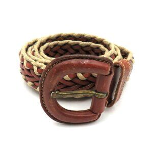 Woven Belt Womens Sz Medium Braided Genuine Leather Cotton Tan Brown Boho Hippie